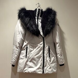 Noize Women's White and Black Ski Jacket with Fur Trim